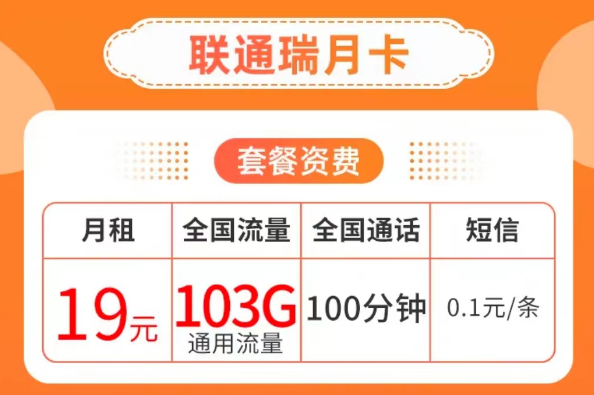 19元103G純通用流量卡套餐|聯通瑞月卡、聯通流量王卡|103G通用+100分鐘語音
