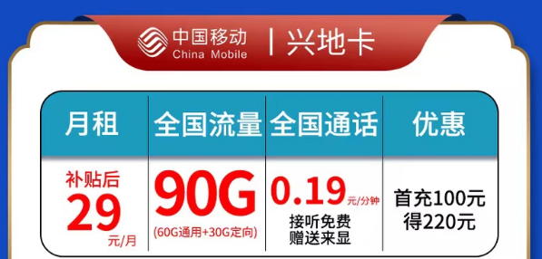 移動興地卡|29元90G全國流量|官方資費套餐，超多優惠權益|全國通用套餐