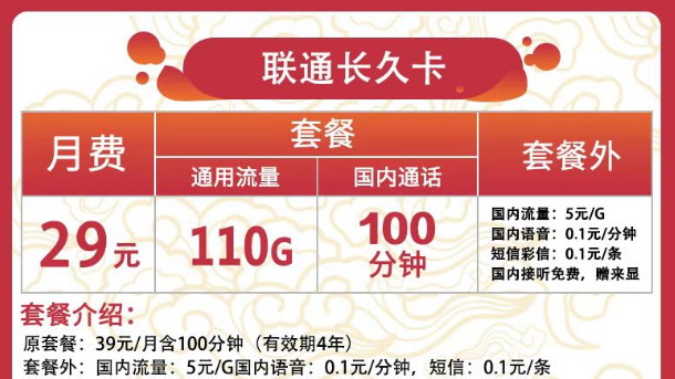 聯(lián)通有哪些實(shí)惠又好用的流量卡？聯(lián)通長(zhǎng)久卡29元110G通用+100分鐘語音|可用于副卡