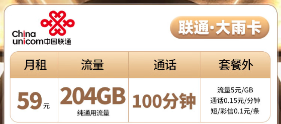 聯通大雨卡|204G純通用無定向、聯通云周卡|100G通用免費領??！